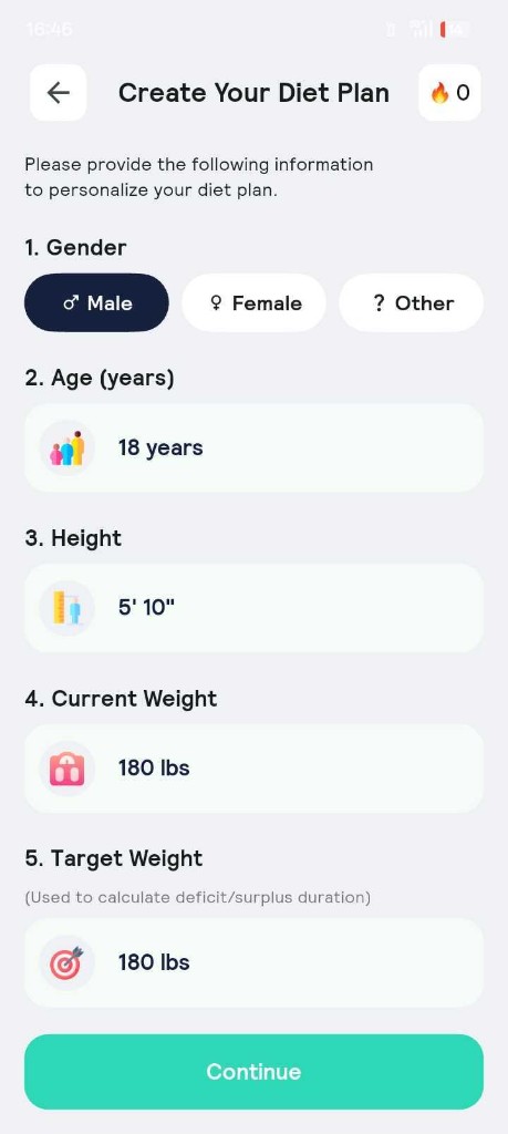 NutriverseAI - Create Your Diet Plan onboarding screen with gender, age, height and weight inputs