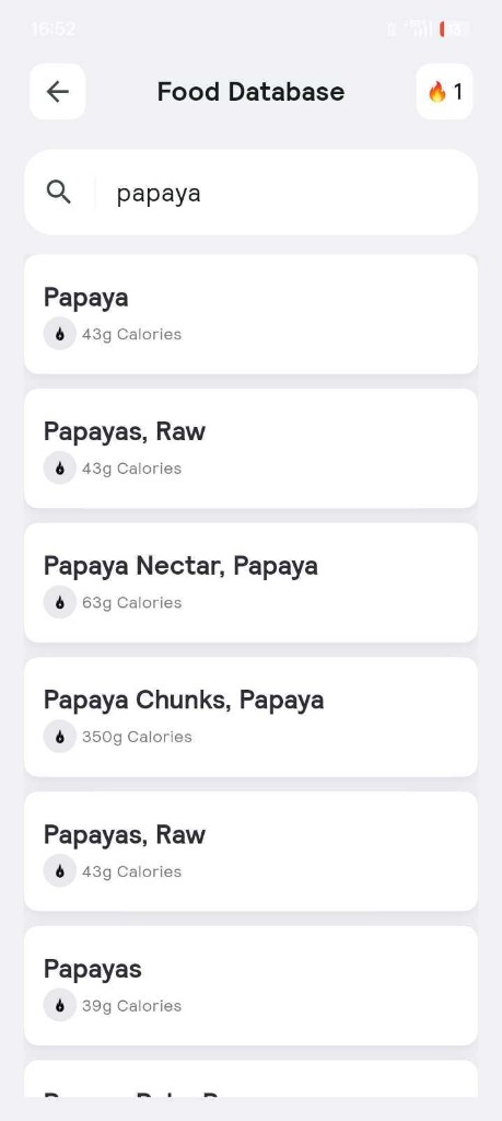 NutriverseAI - Food Database search screen showing search results for papaya with calorie data