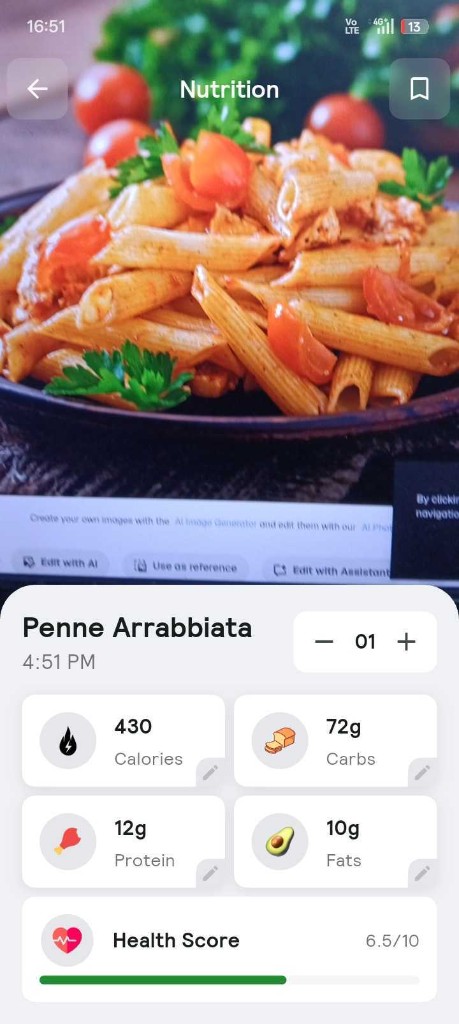 NutriverseAI - AI Food Scan Nutrition Detail screen showing Penne Arrabbiata with calorie and macro breakdown
